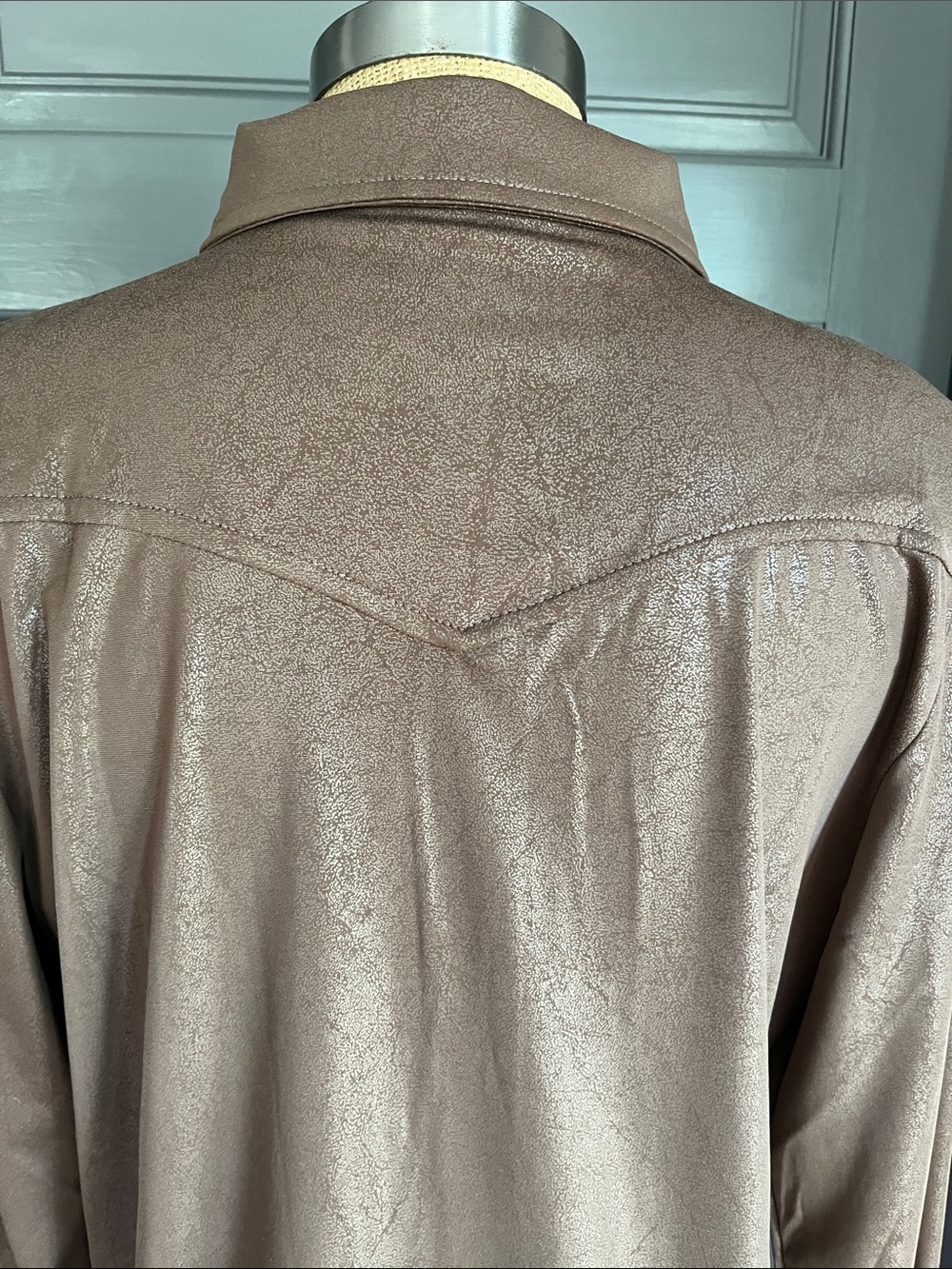 Brown Shimmery Leather Look Pearl Snap Shirt with Turquoise Snaps NWOT - Picture 7 of 9